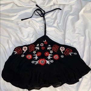 strapless crop top with tie around the neck